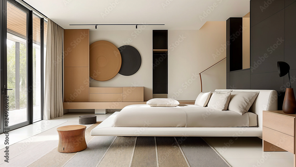 Wall mural simple and modern bedroom with beautiful light. real estate, villa, sofa, minimalist room, copy spac