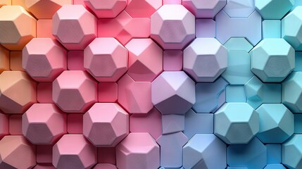   Rainbow-colored hexagonal cubes are arranged in an orderly pattern