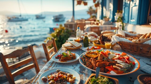 A rustic Greek island taverna with a platter of assorted meze, with the sea and whitewashed buildings creating a picturesque backdrop