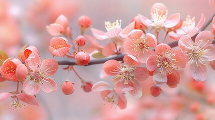   A detailed image of a tree's branch adorned with numerous pink blossoms, set against an out-of-focus backdrop