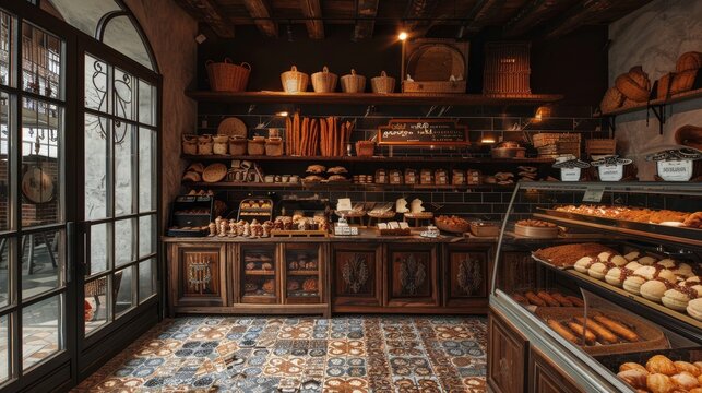 A rustic Spanish bakery with a display of churros and pastries, with traditional tile flooring and wooden shelves