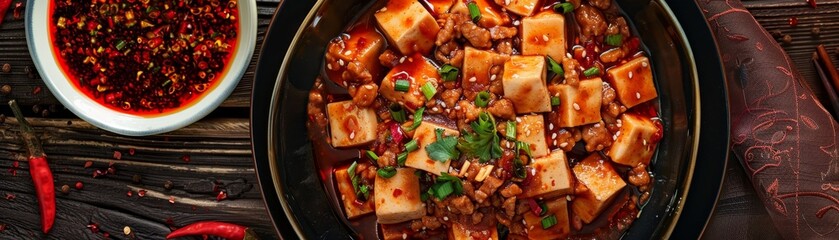 A serving of Chinese mapo tofu with spicy sauce and ground pork in a traditional Sichuan restaurant