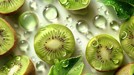 kiwi, slices, closeup, glossy, texture, vibrant, green, high, definition, photography, water, droplets, depth, detailed, intricate, juicy, fruit, one-of-a-kind, unique, pieces, high-resolution, high-q