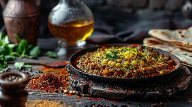 A serving of Ethiopian kitfo with a glass of tej