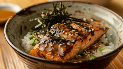 A warm bowl of comforting ochazuke, featuring rice soaked in green tea and topped with savory grilled salmon, nori, and sesame seeds.