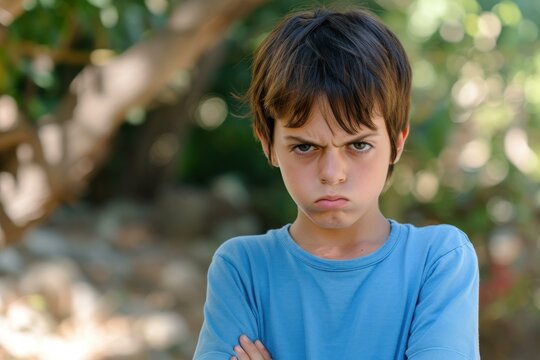 Preteen boy with a frown and crossed arms expressing frustration outdoors