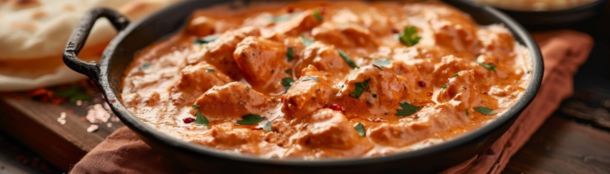 A serving of Indian butter chicken with creamy tomato sauce and naan bread in a colorful Indian restaurant
