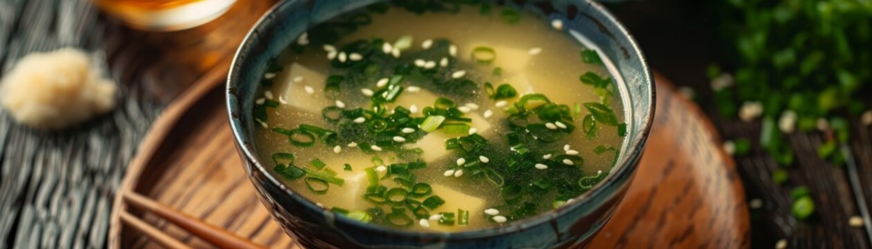 A serving of Japanese miso soup with a glass of sake