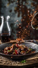 A serving of Korean bulgogi with a glass of soju