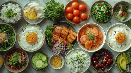   A table topped with bowls filled with different types of food, including veggies and an egg on top of rice