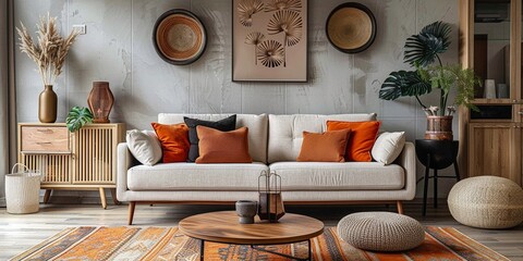 The stylish boho compostion at living room with elegant personal accessories. Home decor