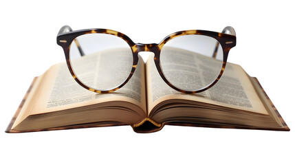 Glasses on Open Book for Reading and Education, Isolated on White, Transparent Background, PNG File, Hand Edited Generative AI