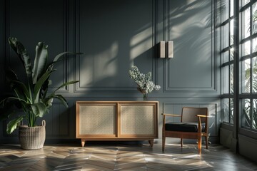Modern luxury living room interior background, living room interior mockup, interior with dark gray walls, dark interior of living room with dark gray wall, chair, and wooden console,. Generative AI