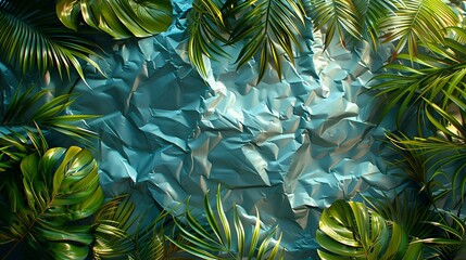 Textures background A high-definition and artistic background image showcasing tropical foliage, grunge metal textures, and a wrinkled plastic wrap overlay, framed by an instant photo border for a
