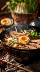 A steaming bowl of ramen with rich broth, slices of tender pork, softboiled egg, and fresh vegetables in a traditional Japanese setting