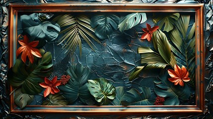 Textures background A high-definition image featuring a textured background of tropical leaves and foliage plants, accented by a grunge metal effect and wrinkled plastic wrap, enclosed within an