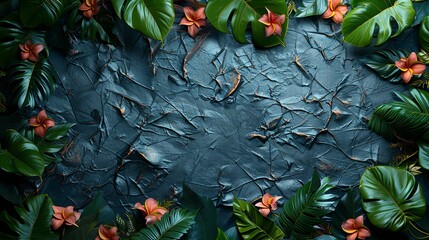 Textures background A modern textured background with tropical leaves and foliage plants, highlighted by a grunge metal effect and a wrinkled plastic wrap overlay, framed by an instant photo border.