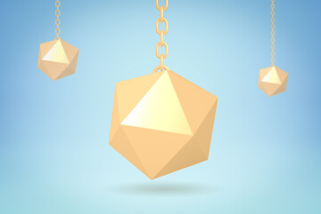 3d rendering of three chained golden polygon models on blue background