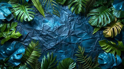 Textures background A modern textured background with tropical leaves and foliage plants, highlighted by a grunge metal effect and a wrinkled plastic wrap overlay, framed by an instant photo border.