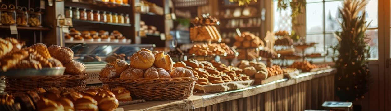 A traditional Finnish bakery with a display of pulla and karjalanpiirakka, with a cozy, Scandinavian interior design