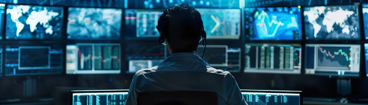 Trader monitoring global stock market trends on multiple screens in a dimly lit trading room