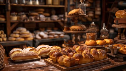 A traditional Russian bakery featuring pirozhki and honey cakes, with a warm and inviting atmosphere and wooden shelves