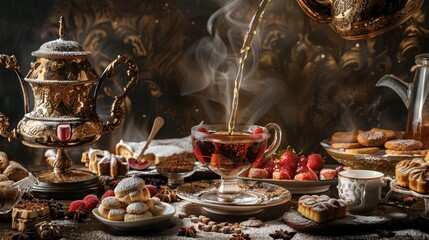 A traditional Russian samovar with tea being poured into a small glass, surrounded by sweet treats