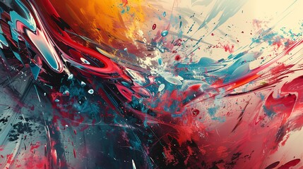 a painting of a red, blue and yellow abstract design with white paint splatters