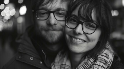 a man and woman are smiling for the camera with lights in the background