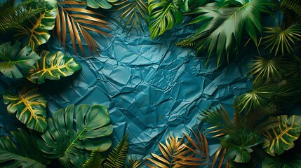 Textures background A modern and detailed background design combining tropical leaves, foliage plants, a wrinkled plastic wrap texture, and grunge metal, enclosed within an instant photo frame.