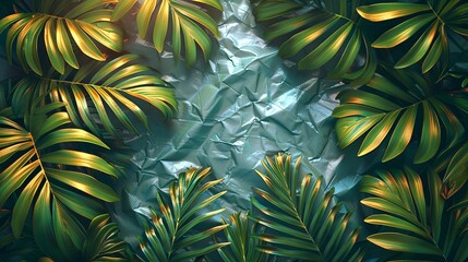 Textures background A modern and detailed background design combining tropical leaves, foliage plants, a wrinkled plastic wrap texture, and grunge metal, enclosed within an instant photo frame.