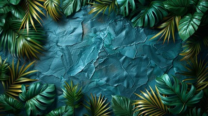 Textures background A modern background design combining tropical foliage and leaves with a grunge metal texture and a wrinkled plastic wrap overlay, framed in an instant photo style. Various colors,