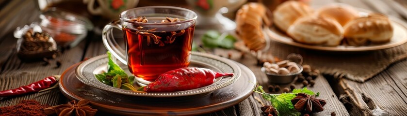 A traditional Turkish breakfast with a cup of Turkish tea - Powered by Adobe