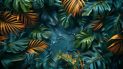 Textures background A visually compelling and artistic background featuring tropical leaves, foliage plants, a grunge metal texture, and a wrinkled plastic wrap effect, enclosed within an instant