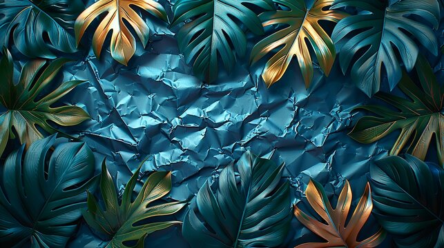 Textures background A visually compelling and artistic background featuring tropical leaves, foliage plants, a grunge metal texture, and a wrinkled plastic wrap effect, enclosed within an instant