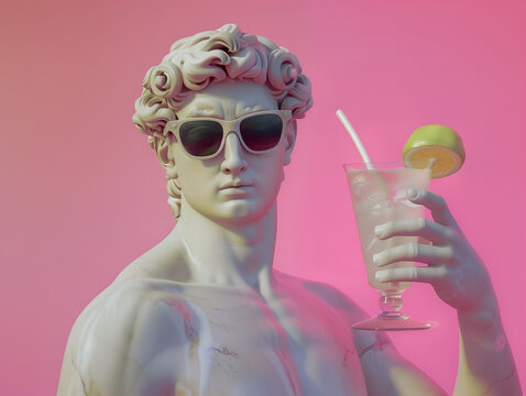 Greek statue wearing sunglasses, Greek god drinking lemonade. Summer vacation, vacation on the beach, ocean, sea, travel. Men with a glass of cocktail.