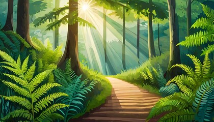 Forest in the morning with forest path and sun rays and fern