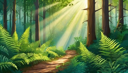Forest in the morning with forest path and sun rays and fern