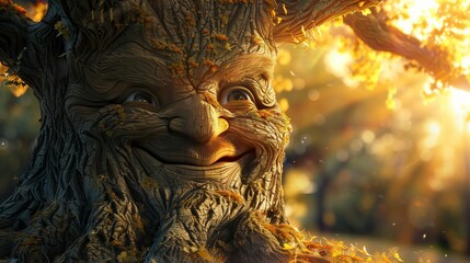 a whimsical scene in an enchanted forest where a large, old tree sports a face with cheeky, playful features.
