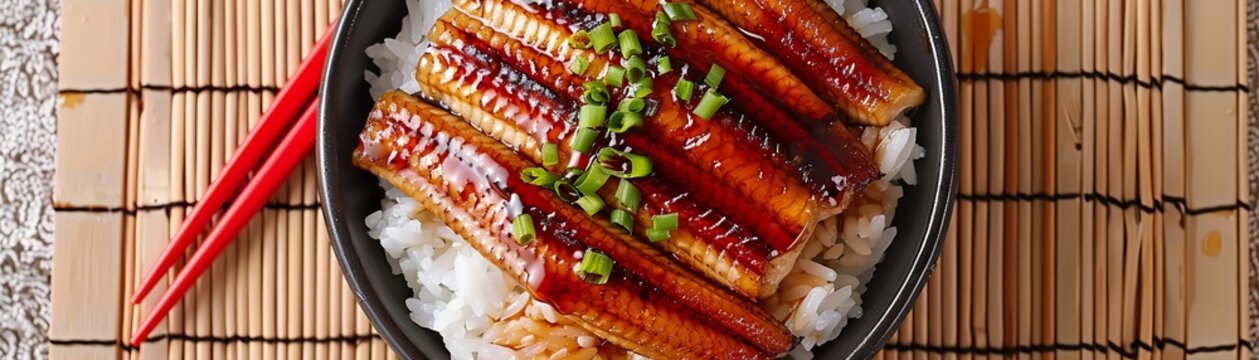 Unagi donburi topped with grilled eel and a sweet soy glaze, placed neatly on a bamboo mat