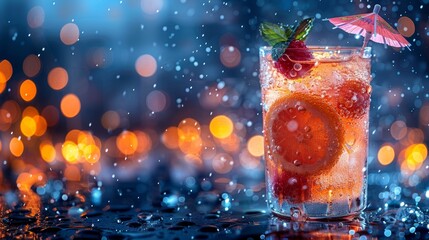 Closeup of a fun cocktail with an umbrella decoration