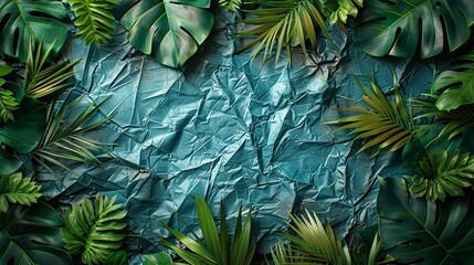Textures background A visually striking background with a combination of wrinkled plastic wrap texture, grunge metal, and lush tropical leaves, framed by an instant photo border for a vintage effect.