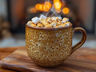 Closeup of a steaming mug of hot chocolate with marshmallows