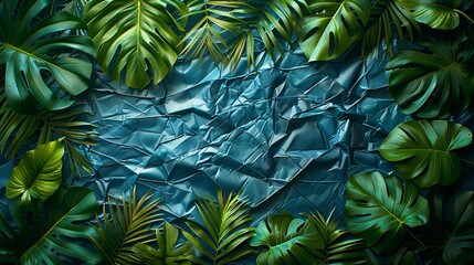 Textures background A visually striking background with a combination of wrinkled plastic wrap texture, grunge metal, and lush tropical leaves, framed by an instant photo border for a vintage effect.