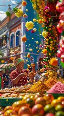 A vibrant Brazilian carnival scene with a vendor selling brigadeiros, with festive decorations and a lively crowd in the background