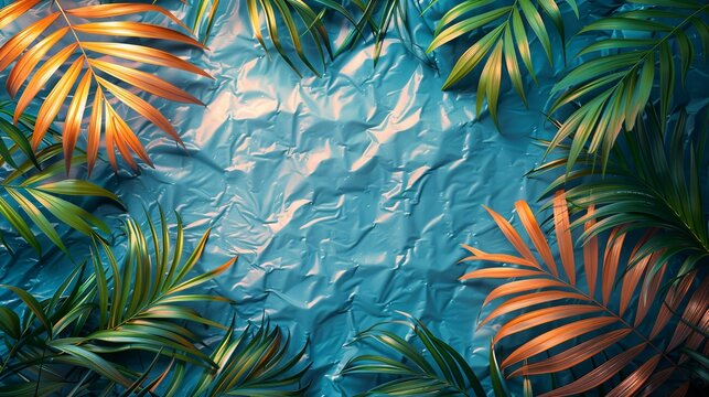 Textures background A visually striking background with a combination of wrinkled plastic wrap texture, grunge metal, and lush tropical leaves, framed by an instant photo border for a vintage effect.