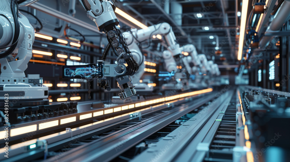Poster industrial robotic arms working on an automated assembly line in a modern factory. advanced manufact