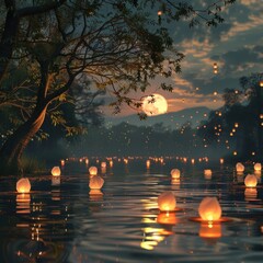 Loy Krathong Festive Evening of Lanterns Floating Peacefully Under Full Moon