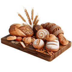 Various types of artisanal breads arranged on a wooden board at a bakery isolated on white background, realistic, png
