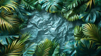 Textures background An artistic and abstract background illustration combining tropical leaves, foliage plants, a wrinkled plastic wrap texture, and grunge metal, enclosed within an instant photo